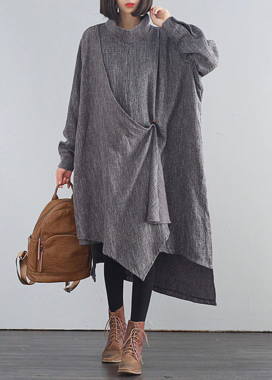 Stylish Dark Gray Turtleneck Asymmetrical Low High Design Cotton Long Dresses Fall - republicanstateiStylish Dark Gray Turtleneck Asymmetrical Low High Design Cotton Long Dresses Fall - republicanstatei