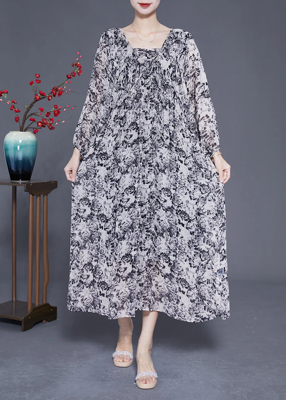 French Black Square Collar Oversized Print Chiffon Long Dress Lantern Sleeve - republicanstateiFrench Black Square Collar Oversized Print Chiffon Long Dress Lantern Sleeve - republicanstatei