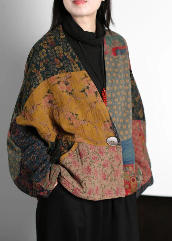 Vintage Colorblock V Neck Patchwork Print Fine Cotton Filled Coats Batwing Sleeve - republicanstateiVintage Colorblock V Neck Patchwork Print Fine Cotton Filled Coats Batwing Sleeve - republicanstatei