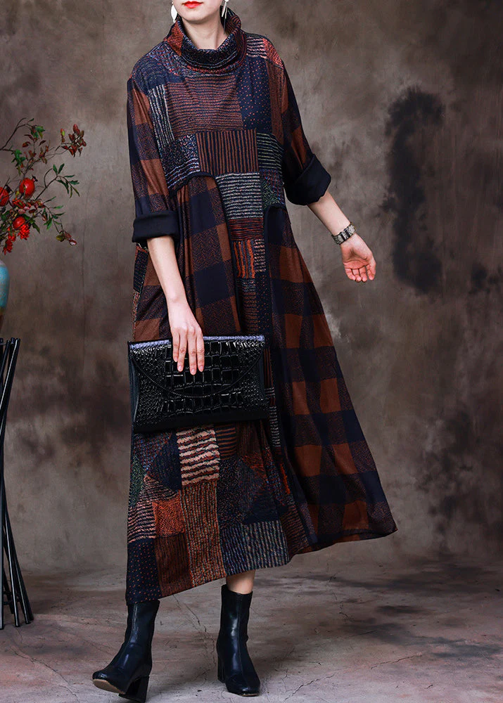 Plus Size Chocolate Turtleneck Plaid Patchwork Velour Maxi Dress Long Sleeve - republicanstateiPlus Size Chocolate Turtleneck Plaid Patchwork Velour Maxi Dress Long Sleeve - republicanstatei