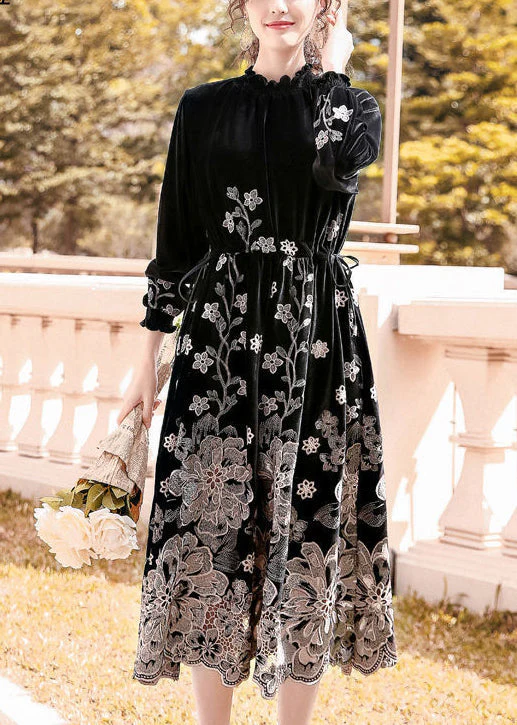 French Black Stand Collar Embroideried Silk Velour Cinched Dresses Spring - republicanstateiFrench Black Stand Collar Embroideried Silk Velour Cinched Dresses Spring - republicanstatei