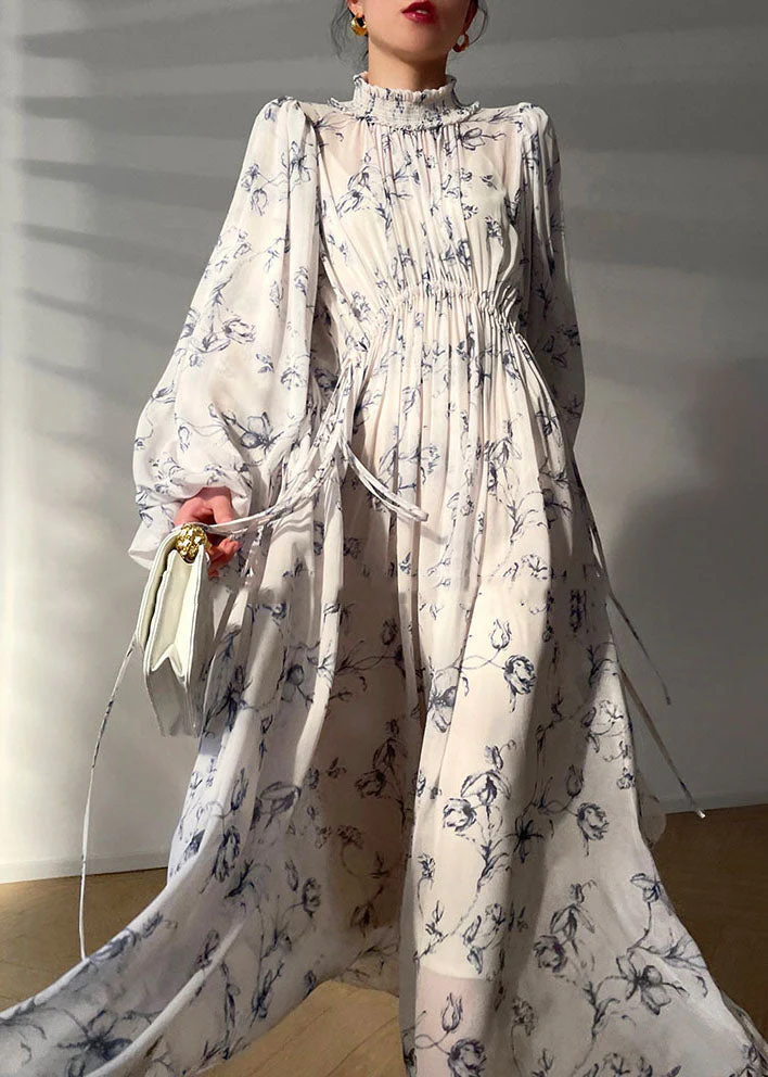 Modern White Stand Collar Ruffled Print Exra Large Hem Silk Cinch Dress Long Sleeve - republicanstateiModern White Stand Collar Ruffled Print Exra Large Hem Silk Cinch Dress Long Sleeve - republicanstatei