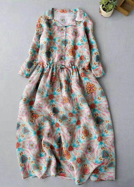 Modern Peter Pan Collar drawstring Button Print Linen Dress Three Quarter sleeve - republicanstateiModern Peter Pan Collar drawstring Button Print Linen Dress Three Quarter sleeve - republicanstatei
