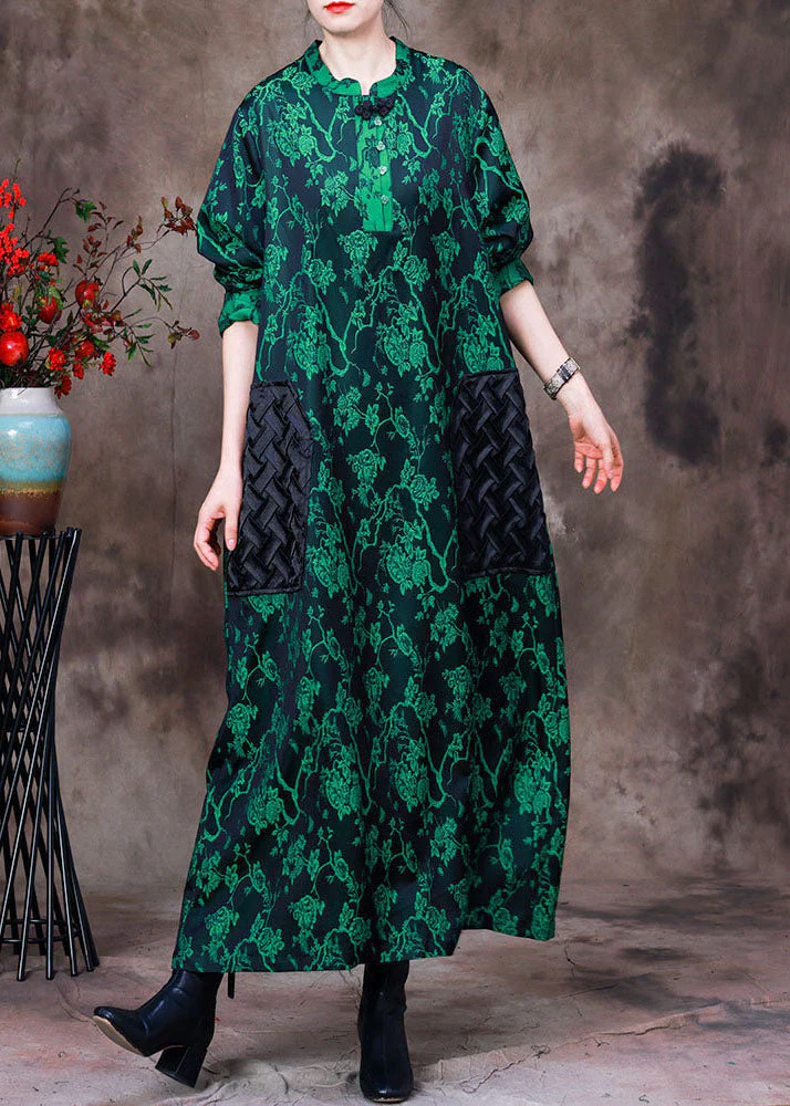 Boho Green Stand Collar Jacquard Patchwork Silk Long Dress Long Sleeve - republicanstateiBoho Green Stand Collar Jacquard Patchwork Silk Long Dress Long Sleeve - republicanstatei