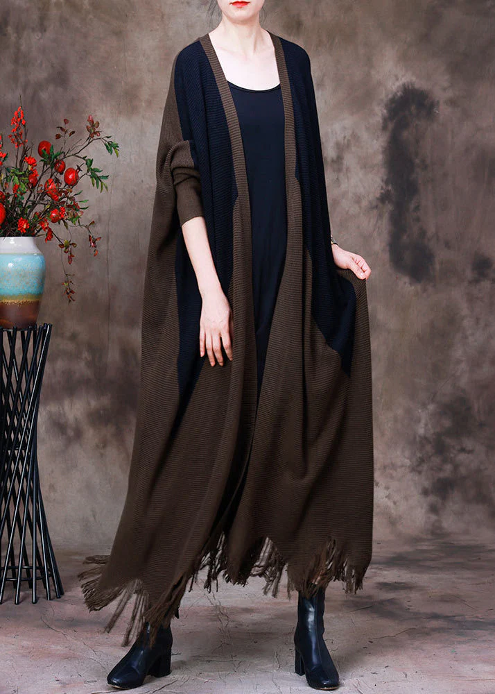 Fine Dark Chocolate Patchwork Black V Neck Tassel Knit Wool Coat Long Sleeve - republicanstateiFine Dark Chocolate Patchwork Black V Neck Tassel Knit Wool Coat Long Sleeve - republicanstatei