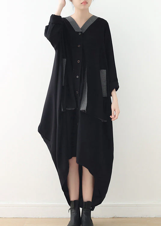 Women Black V Neck Asymmetrical Low High Design Button Maxi Dress Fall - republicanstateiWomen Black V Neck Asymmetrical Low High Design Button Maxi Dress Fall - republicanstatei