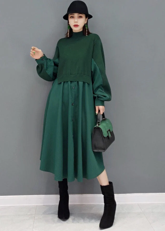 Women Green Stand Collar Patchwork Knit Cotton Shirt Dress Long Sleeve - republicanstateiWomen Green Stand Collar Patchwork Knit Cotton Shirt Dress Long Sleeve - republicanstatei