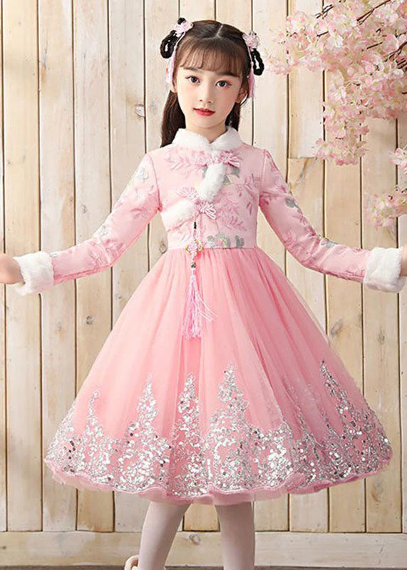 Boutique Pink Fur Collar Tulle Patchwork Warm Fleece Girls Maxi Dresses Winter - republicanstateiBoutique Pink Fur Collar Tulle Patchwork Warm Fleece Girls Maxi Dresses Winter - republicanstatei