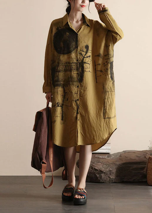 Organic Yellow Peter Pan Collar Print Patchwork Cotton Shirts Dress Spring - republicanstateiOrganic Yellow Peter Pan Collar Print Patchwork Cotton Shirts Dress Spring - republicanstatei