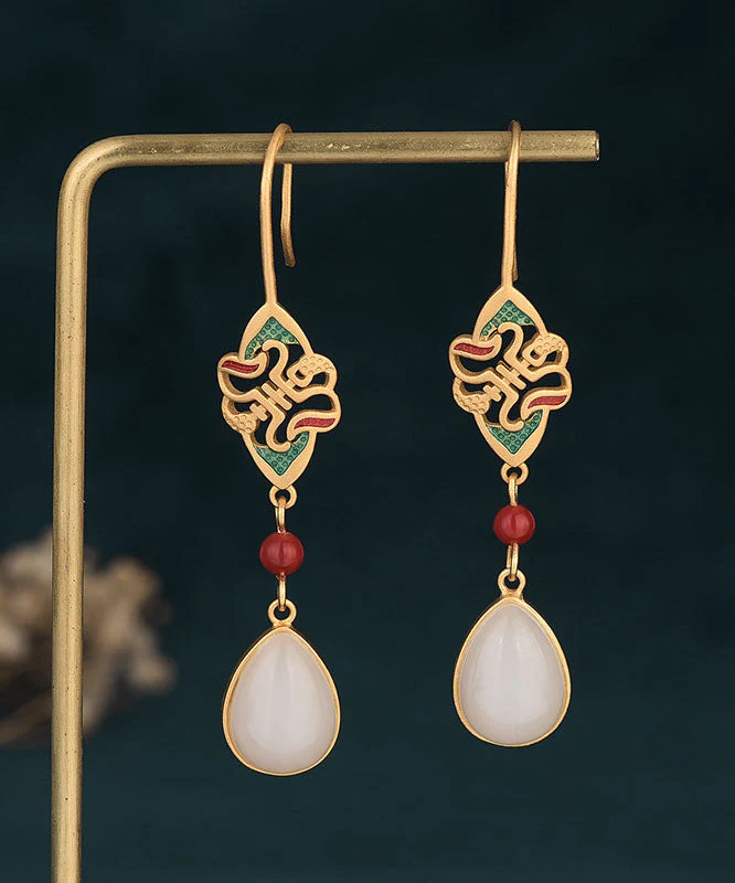 Unique White Ancient Gold Inlaid Jade Enamel Dropwise Glaze Drop Earrings - republicanstateiUnique White Ancient Gold Inlaid Jade Enamel Dropwise Glaze Drop Earrings - republicanstatei
