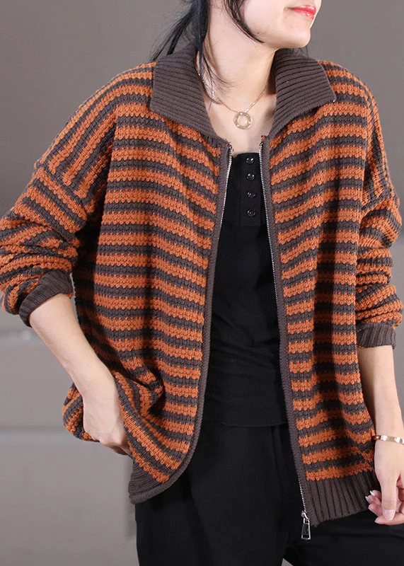 Stylish Black Peter Pan Collar Zippered Striped Knit Sweaters Coats Long Sleeve - republicanstateiStylish Black Peter Pan Collar Zippered Striped Knit Sweaters Coats Long Sleeve - republicanstatei