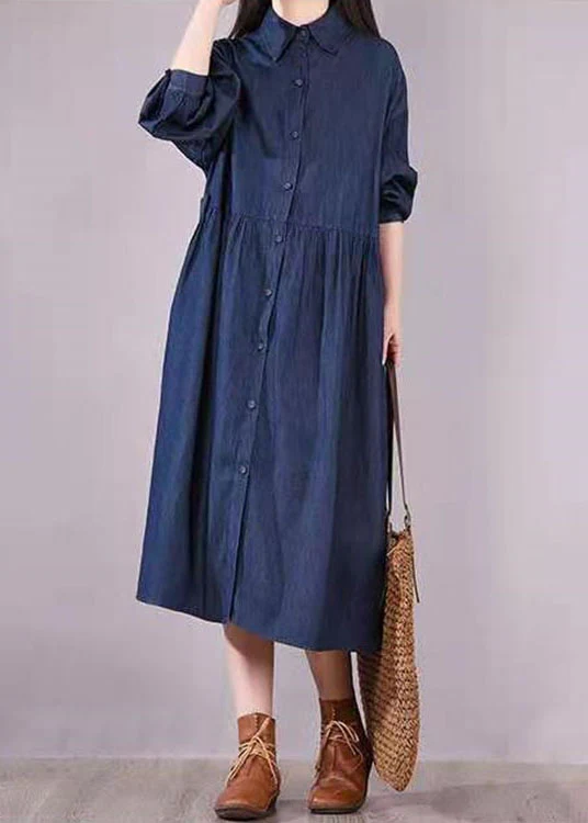 French Navy Peter Pan Collar Button Pockets Fall Long sleeve Denim Dress - republicanstateiFrench Navy Peter Pan Collar Button Pockets Fall Long sleeve Denim Dress - republicanstatei
