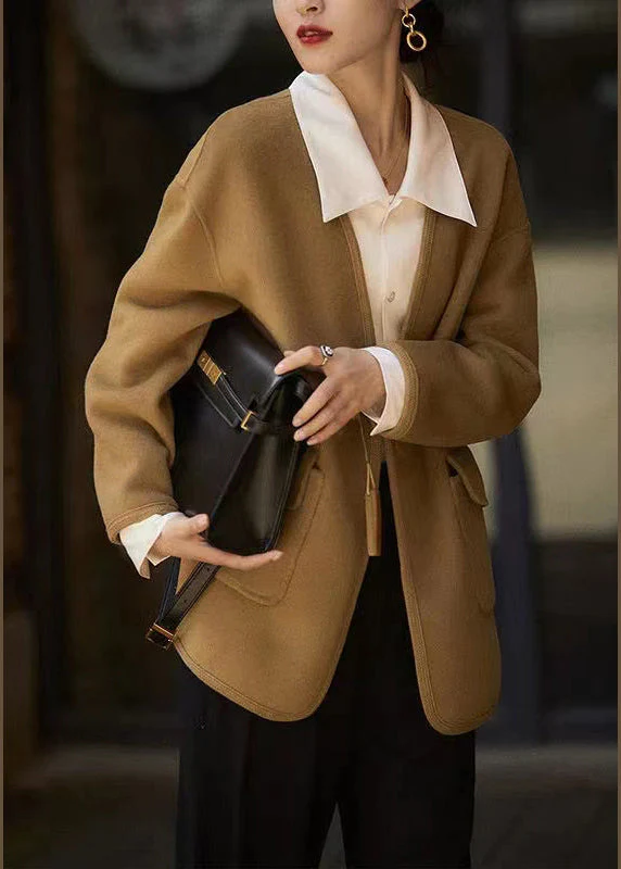 Plus Size Caramel V Neck Button Pockets Patchwork Woolen Coats Long Sleeve - republicanstateiPlus Size Caramel V Neck Button Pockets Patchwork Woolen Coats Long Sleeve - republicanstatei