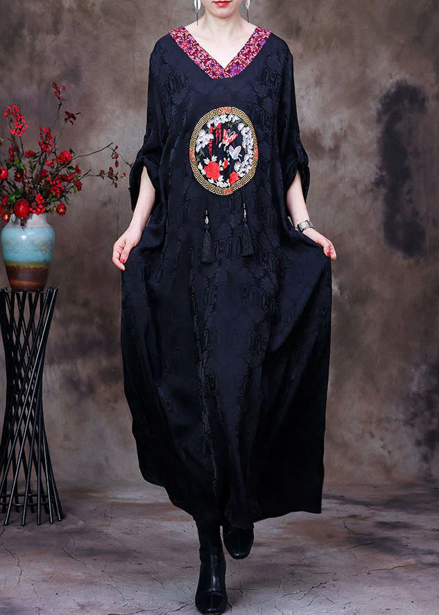Vintage Black V Neck Butterfly Embroideried Tassel Silk Long Dresses Long Sleeve - republicanstateiVintage Black V Neck Butterfly Embroideried Tassel Silk Long Dresses Long Sleeve - republicanstatei