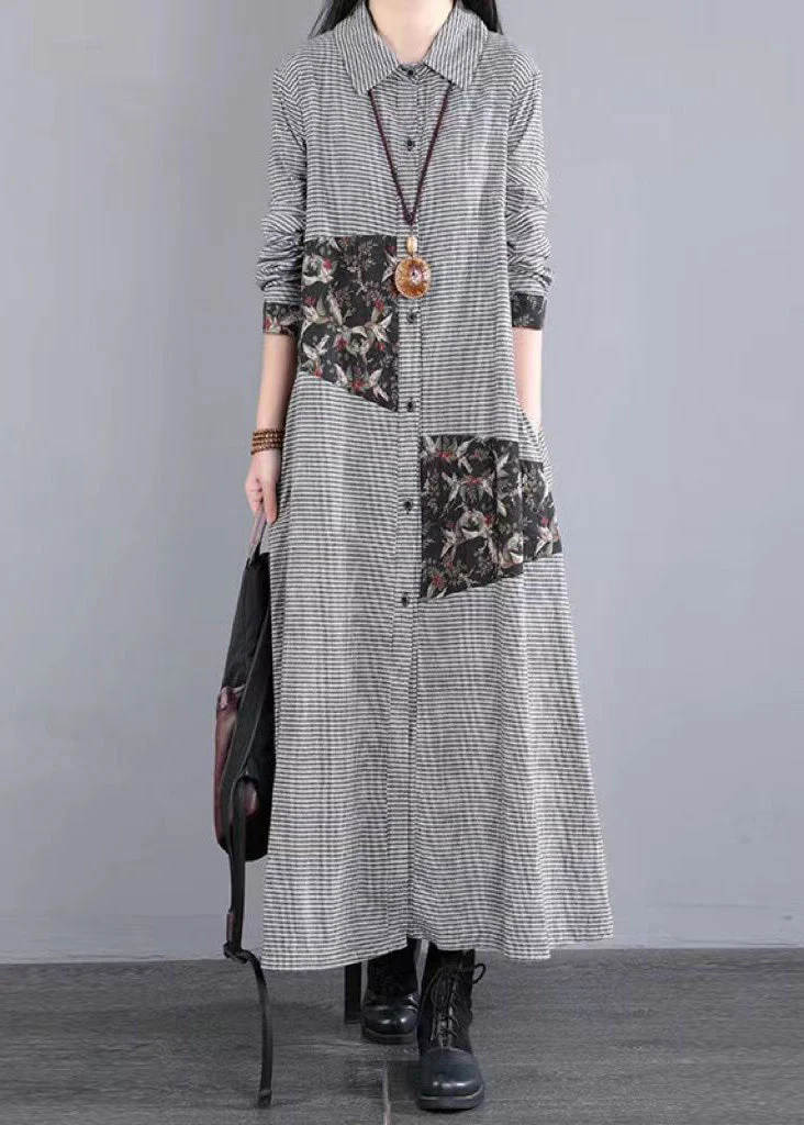Loose Black White Plaid Peter Pan Collar Patchwork Cotton Long Dress Fall - republicanstateiLoose Black White Plaid Peter Pan Collar Patchwork Cotton Long Dress Fall - republicanstatei