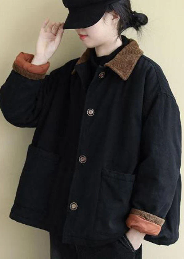 Vintage Black Peter Pan Collar Pockets Fine Cotton Filled Coats Winter - republicanstateiVintage Black Peter Pan Collar Pockets Fine Cotton Filled Coats Winter - republicanstatei
