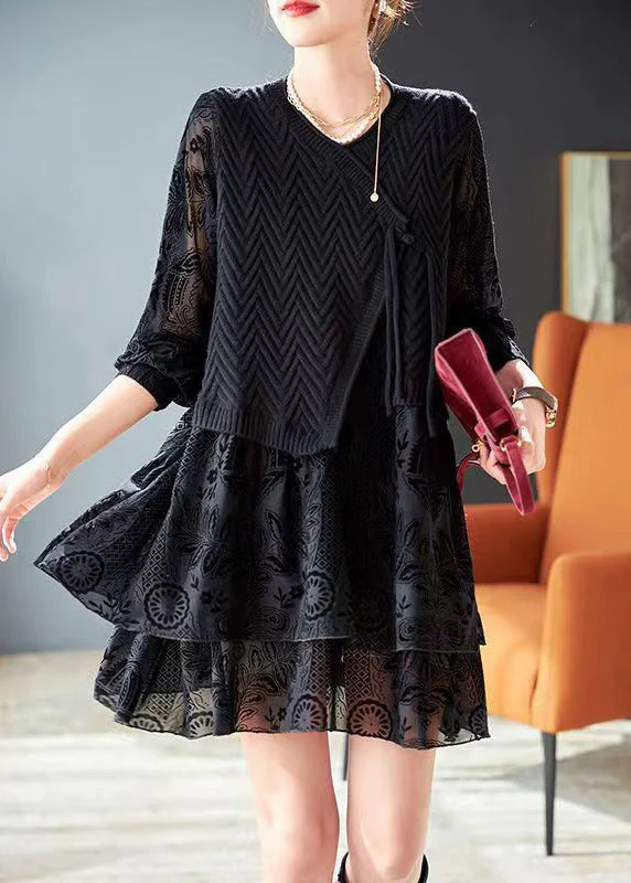 Italian Black Jacquard Patchwork False Two Pieces Knit Short Dress Spring - republicanstateiItalian Black Jacquard Patchwork False Two Pieces Knit Short Dress Spring - republicanstatei
