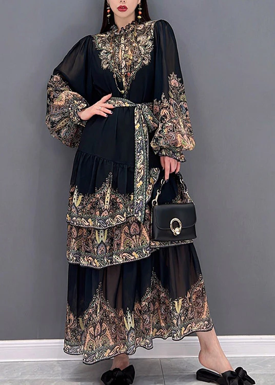 Beautiful Black Stand Collar Ruffled layered Print Chiffon Long Dress lantern sleeve - republicanstateiBeautiful Black Stand Collar Ruffled layered Print Chiffon Long Dress lantern sleeve - republicanstatei