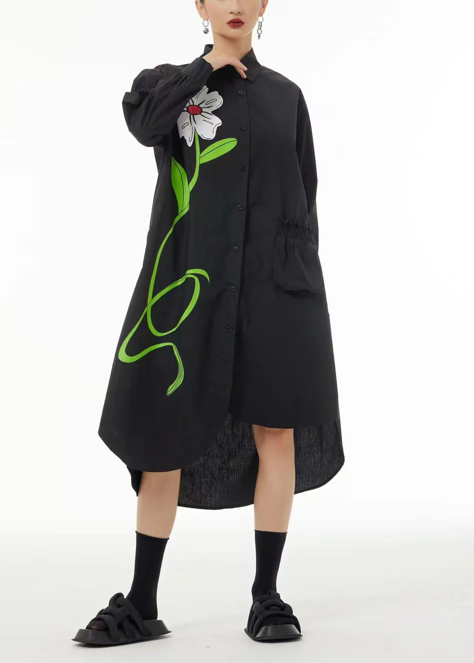 Stylish Black Asymmetrical Floral Pocket Cotton Vacation Dresses Spring - republicanstateiStylish Black Asymmetrical Floral Pocket Cotton Vacation Dresses Spring - republicanstatei