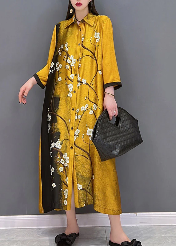 Vogue Yellow Peter Pan Collar Print Button Silk Long Dress Long Sleeve - republicanstateiVogue Yellow Peter Pan Collar Print Button Silk Long Dress Long Sleeve - republicanstatei