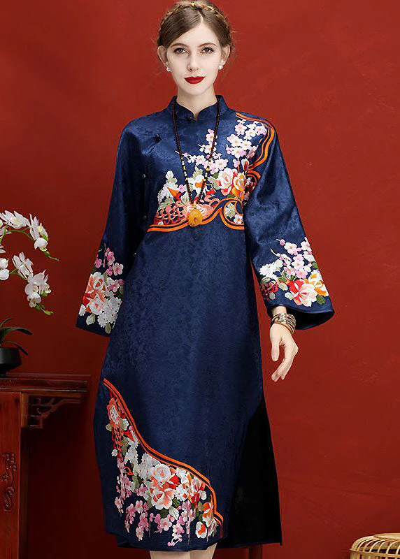 Original Design Navy Embroideried Jacquard Silk Chinese Style Dress Vestidos Spring - republicanstateiOriginal Design Navy Embroideried Jacquard Silk Chinese Style Dress Vestidos Spring - republicanstatei