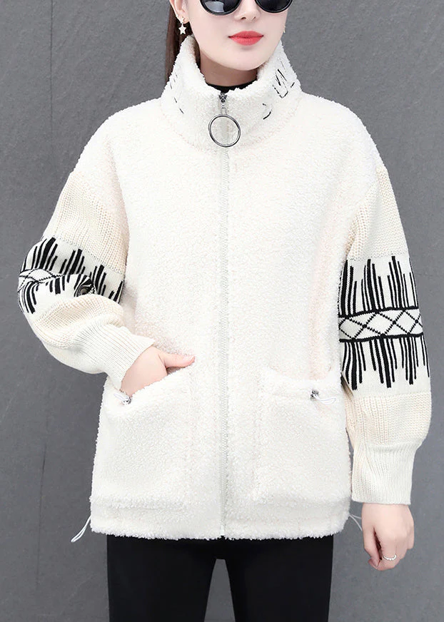 Beige Stand Collar Zippered Striped Patchwork Teddy Faux Fur Coats Winter - republicanstateiBeige Stand Collar Zippered Striped Patchwork Teddy Faux Fur Coats Winter - republicanstatei