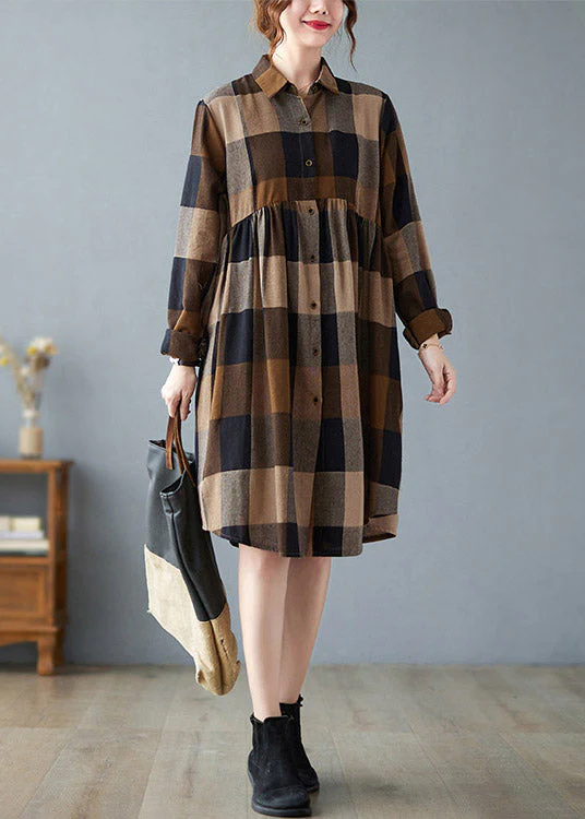 Fashion Peter Pan Collar Button Wrinkled Long Plaid Shirts Dress Long Sleeve - republicanstateiFashion Peter Pan Collar Button Wrinkled Long Plaid Shirts Dress Long Sleeve - republicanstatei
