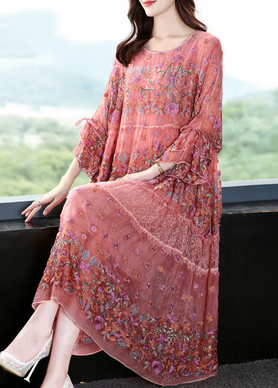 Handmade Pink Embroideried Oversized Silk Vacation Dresses Flare Sleeve - republicanstateiHandmade Pink Embroideried Oversized Silk Vacation Dresses Flare Sleeve - republicanstatei
