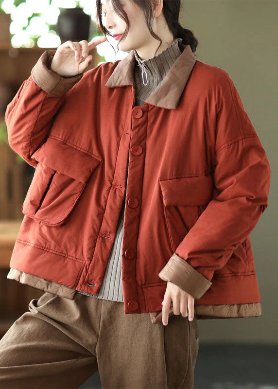 Italian Red Peter Pan Collar Pockets Patchwork Fine Cotton Filled Parka Jacket Winter - republicanstateiItalian Red Peter Pan Collar Pockets Patchwork Fine Cotton Filled Parka Jacket Winter - republicanstatei
