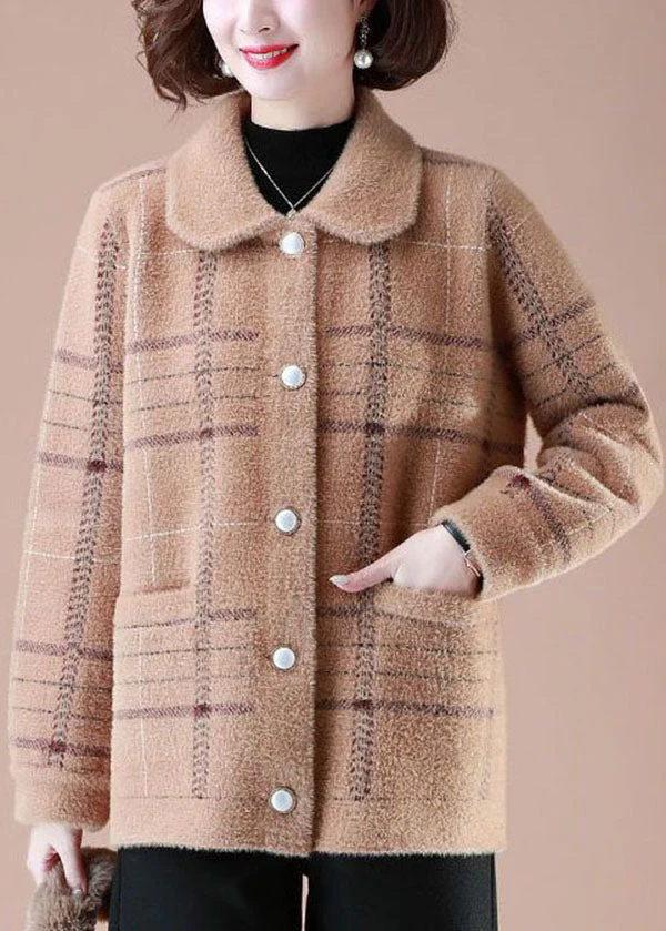 Unique Khaki Peter Pan Collar Plaid Pockets Mink Hair Knitted Coats Winter - republicanstateiUnique Khaki Peter Pan Collar Plaid Pockets Mink Hair Knitted Coats Winter - republicanstatei