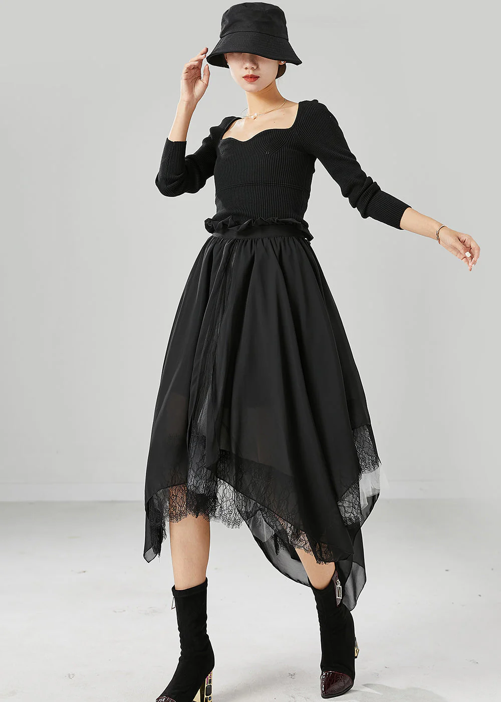 Beautiful Black Square Collar Asymmetrical Patchwork Exra Large Hem Knit Dress Fall - republicanstateiBeautiful Black Square Collar Asymmetrical Patchwork Exra Large Hem Knit Dress Fall - republicanstatei