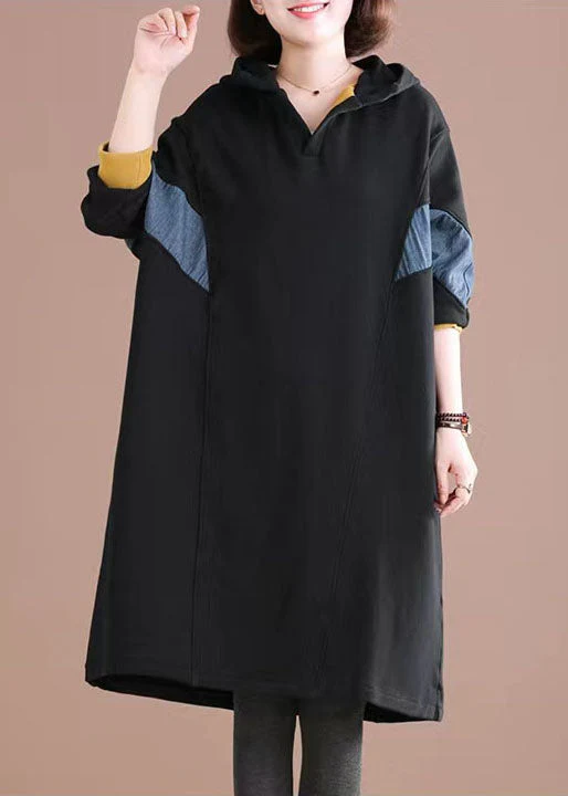 Plus Size Black Hooded Patchwork Warm Fleece Loose Sweatshirt Dress Winter - republicanstateiPlus Size Black Hooded Patchwork Warm Fleece Loose Sweatshirt Dress Winter - republicanstatei