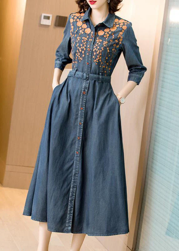 Fitted Blue Embroidered Tie Waist Patchwork Denim Dress Bracelet Sleeve - republicanstateiFitted Blue Embroidered Tie Waist Patchwork Denim Dress Bracelet Sleeve - republicanstatei