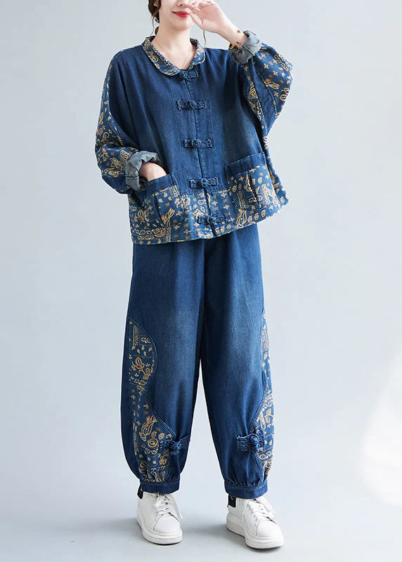Loose Denim Blue Peter Pan Collar Print Coats And Lantern Pants Two Pieces Set Spring - republicanstateiLoose Denim Blue Peter Pan Collar Print Coats And Lantern Pants Two Pieces Set Spring - republicanstatei