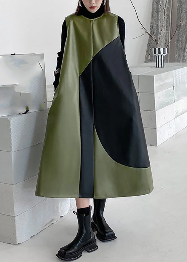 Style Army Green O-Neck Patchwork Zippered Party Long Waistcoat Dress Spring - republicanstateiStyle Army Green O-Neck Patchwork Zippered Party Long Waistcoat Dress Spring - republicanstatei
