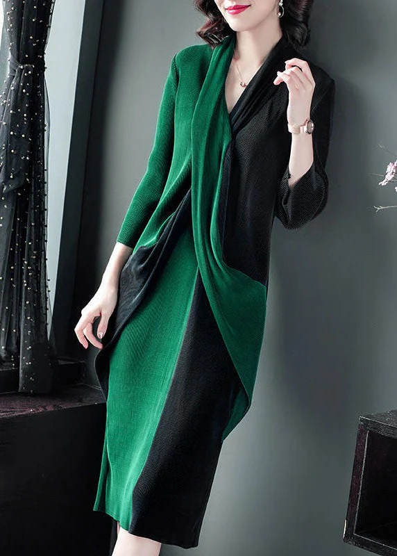 Modern Blackish Green V Neck Patchwork Wrinkled Maxi Dress Long Sleeve - republicanstateiModern Blackish Green V Neck Patchwork Wrinkled Maxi Dress Long Sleeve - republicanstatei