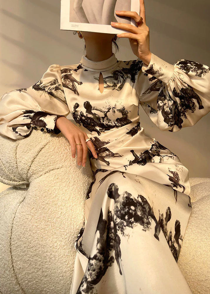 French White Hign Neck Wrinkled Ink Wash Painting Print Silk Dresses Spring - republicanstateiFrench White Hign Neck Wrinkled Ink Wash Painting Print Silk Dresses Spring - republicanstatei