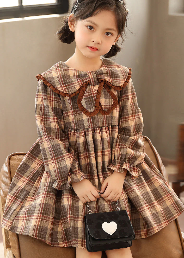 Beautiful Coffee Peter Pan Collar Plaid Patchwork Cotton Kids Girls Dresses Fall - republicanstateiBeautiful Coffee Peter Pan Collar Plaid Patchwork Cotton Kids Girls Dresses Fall - republicanstatei