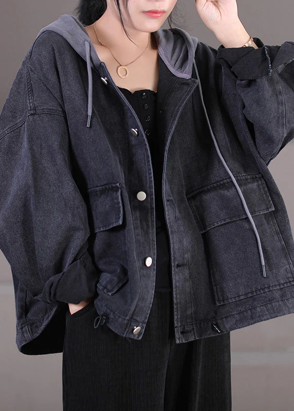 Women Dark Grey Drawstring Knit Patchwork Button Denim Hooded Coats Fall - republicanstateiWomen Dark Grey Drawstring Knit Patchwork Button Denim Hooded Coats Fall - republicanstatei