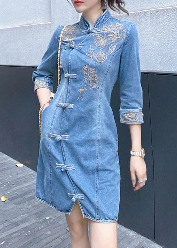 Slim Fit Blue Embroideried Floral Button Denim Mid Dresses Bracelet Sleeve - republicanstateiSlim Fit Blue Embroideried Floral Button Denim Mid Dresses Bracelet Sleeve - republicanstatei