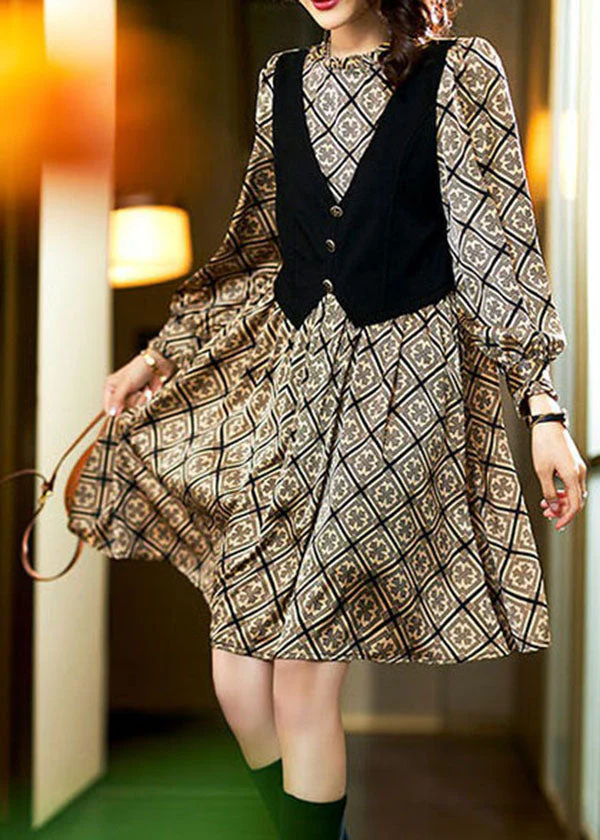 Women Khaki Ruffled Patchwork False Two Pieces Chiffon Mid Dress Spring - republicanstateiWomen Khaki Ruffled Patchwork False Two Pieces Chiffon Mid Dress Spring - republicanstatei