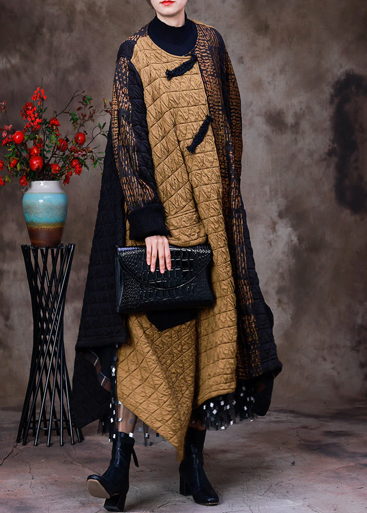Fashion Yellow Patchwork Black Asymmetrical O-Neck Thick Maxi Coat Long Sleeve - republicanstateiFashion Yellow Patchwork Black Asymmetrical O-Neck Thick Maxi Coat Long Sleeve - republicanstatei