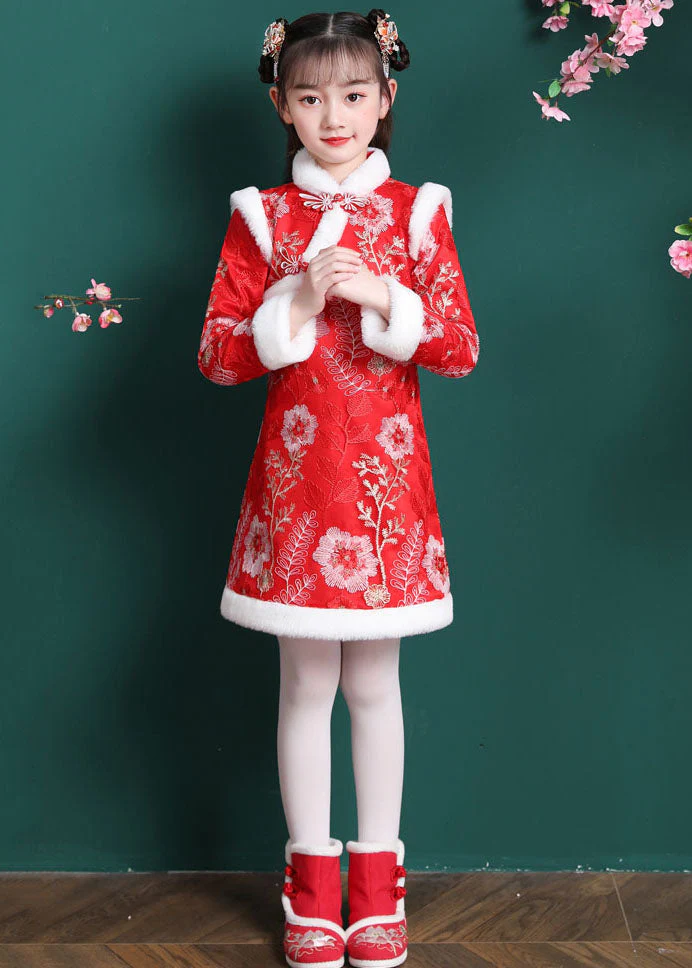 Vogue Red Embroideried Patchwork Button Warm Fleece Kids Mid Dress Long Sleeve - republicanstateiVogue Red Embroideried Patchwork Button Warm Fleece Kids Mid Dress Long Sleeve - republicanstatei
