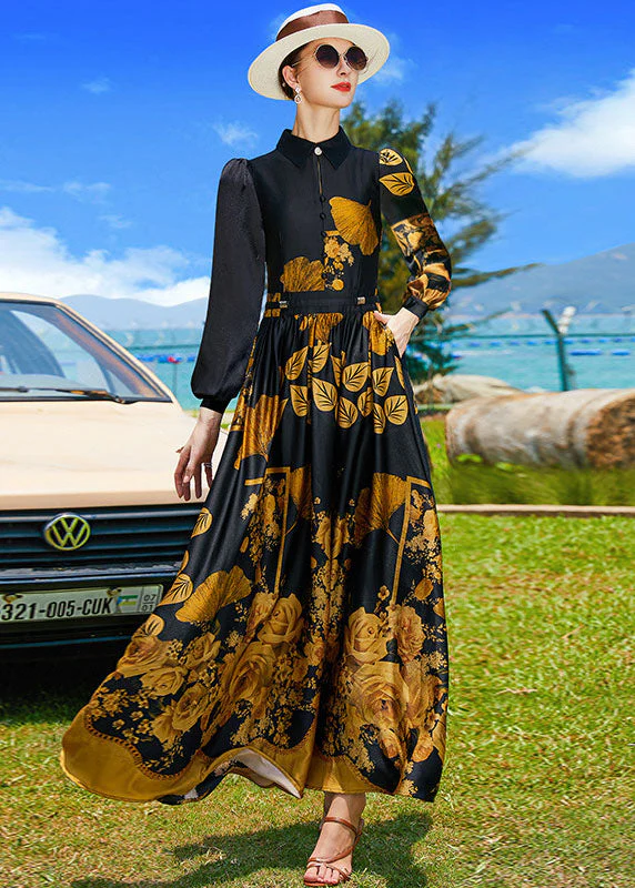 French Black Peter Pan Collar Print Sashes Silk Holiday Dresses Spring - republicanstateiFrench Black Peter Pan Collar Print Sashes Silk Holiday Dresses Spring - republicanstatei