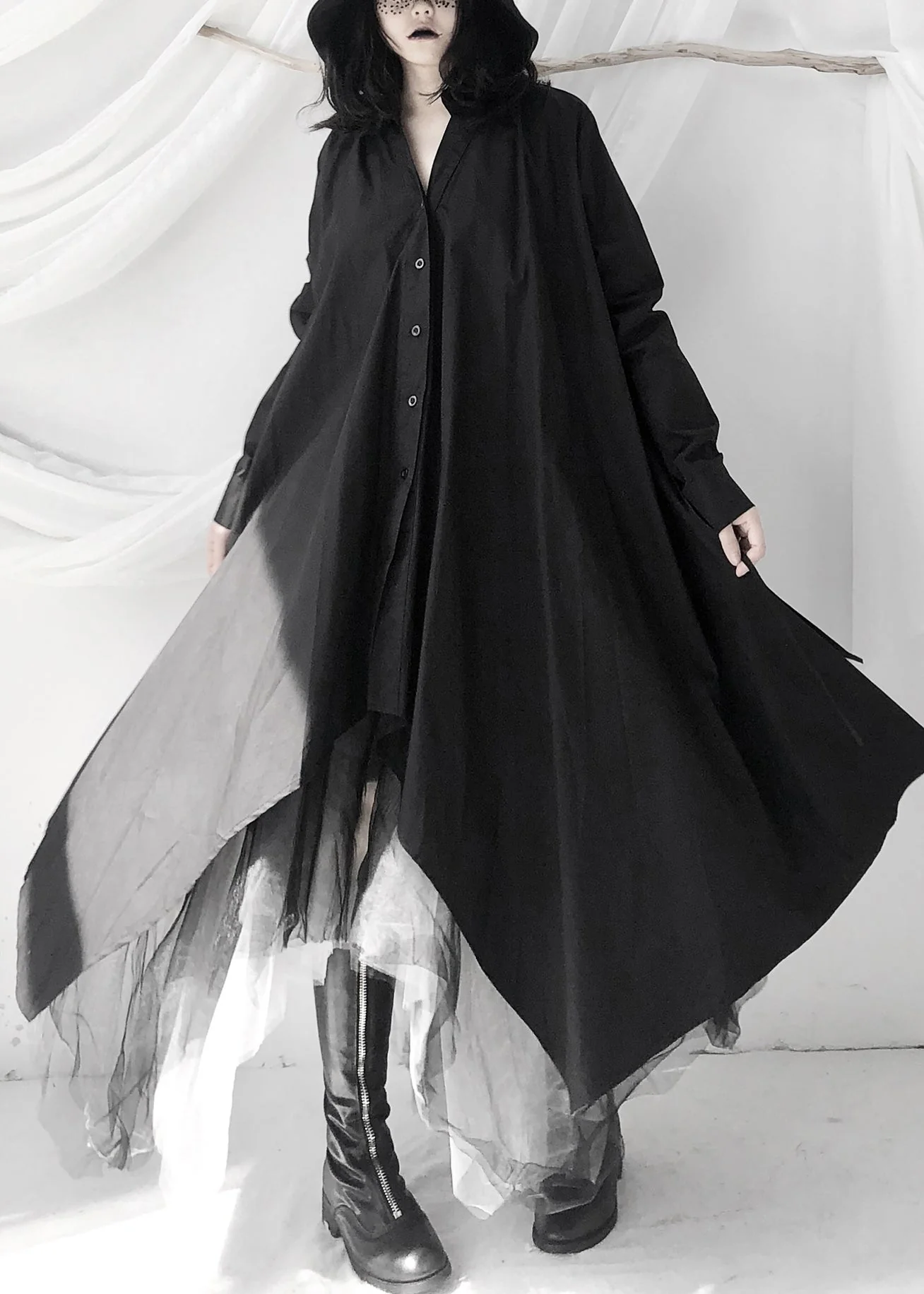 Women Black Peter Pan Collar Asymmetrical Tie Waist Long Shirts Dress Long Sleeve - republicanstateiWomen Black Peter Pan Collar Asymmetrical Tie Waist Long Shirts Dress Long Sleeve - republicanstatei