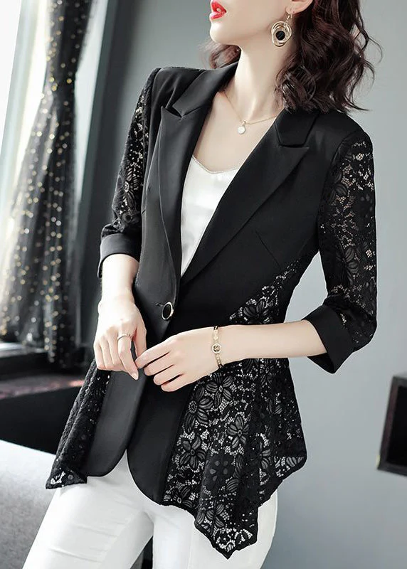 Stylish Black Notched Collar Lace Patchwork Hollow Out Spandex Coats Summer - republicanstateiStylish Black Notched Collar Lace Patchwork Hollow Out Spandex Coats Summer - republicanstatei