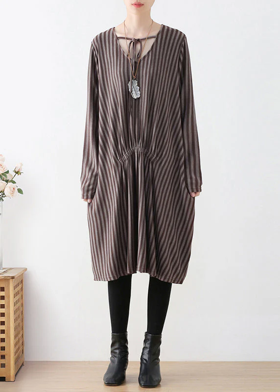 Organic Chocolate V Neck Striped Knitted Cotton Thread Maxi Dress Fall - republicanstateiOrganic Chocolate V Neck Striped Knitted Cotton Thread Maxi Dress Fall - republicanstatei