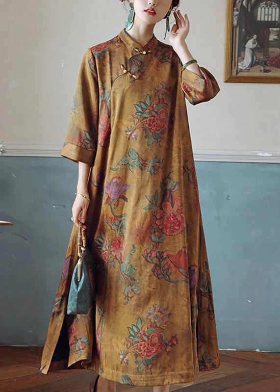 Vintage Orange Print Stand Collar Button Silk Maxi Dresses Spring - republicanstateiVintage Orange Print Stand Collar Button Silk Maxi Dresses Spring - republicanstatei