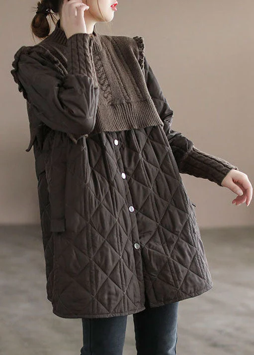Chocolate Patchwork Fine Cotton Filled Coats Stand Collar Ruffled Winter - republicanstateiChocolate Patchwork Fine Cotton Filled Coats Stand Collar Ruffled Winter - republicanstatei