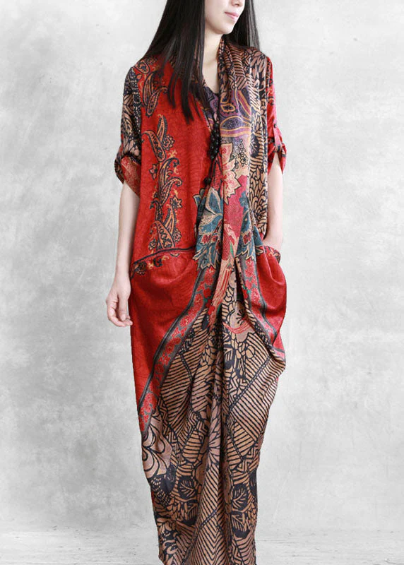 Women Red Asymmetrical Pockets Print Patchwork Silk Long Dress Summer - republicanstateiWomen Red Asymmetrical Pockets Print Patchwork Silk Long Dress Summer - republicanstatei